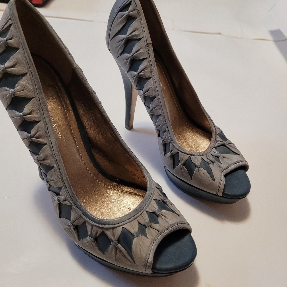 Blue gray genuine leather "bow" goth doll clowncore heels open toe y2k